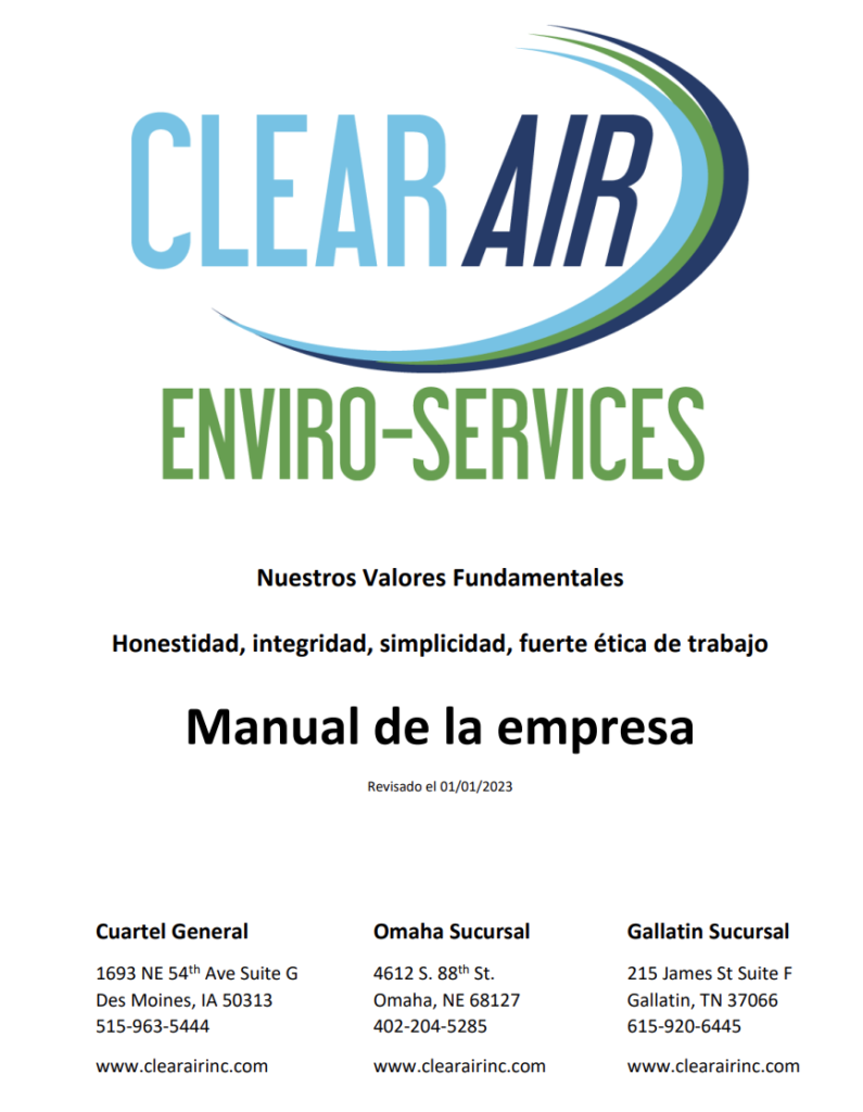 Clear Air Company Handbook Cover Spanish